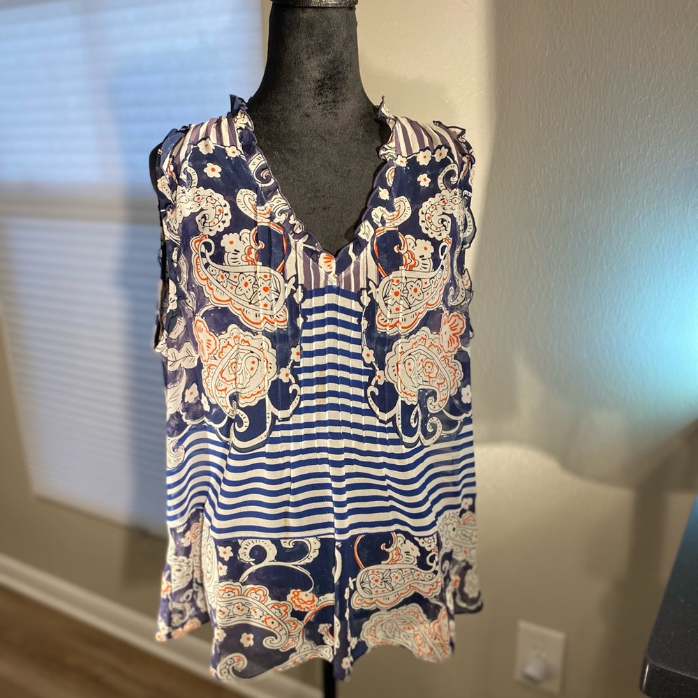 Cabi 5439 Sleeveless Peplum Blouse Blue White Orange Striped Paisley Size M